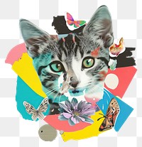 PNG Retro Collages whit a happy cat collage art animal.