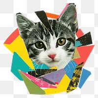 PNG Retro Collages whit a happy cat collage art animal.