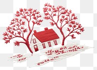 PNG White-red house in embroidery style cross-stitch calligraphy creativity.