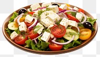 PNG Salad with fresh vegetables olives tomatoes red onion greek cheese feta and olive oil salad plate food.