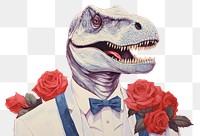PNG Art painting an illustration of dinosaur with white suit with red rose portrait reptile animal. AI generated Image by rawpixel.