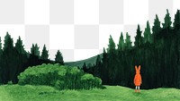 PNG Art painting an illustration of one rabbit standing alone forest outdoors nature. AI generated Image by rawpixel.