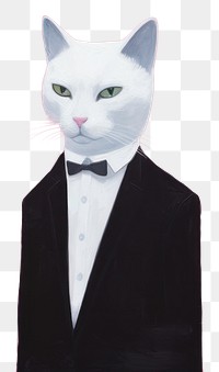 PNG Art painting an illustration of one white cat wear black suit standing alone portrait animal mammal. AI generated Image by rawpixel.