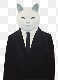 PNG Art painting an illustration of one white cat wear black suit standing alone portrait mammal animal. AI generated Image by rawpixel.