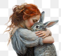 PNG A woman hugging a rabbit painting portrait animal.