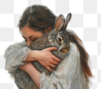 PNG A woman hugging a rabbit painting animal mammal.