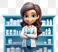 PNG A smiling female pharmacist pharmacy cartoon shelf. 