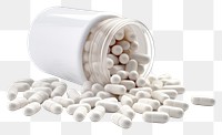 PNG A medicine bottle filled with white medicine capsules pill white background medication. 