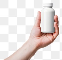 PNG A hand holding a supplement bottle white background refreshment drinkware. 