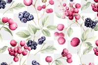 PNG Watercolor Seamless flowers pattern wild berries Vector background texture backgrounds blueberry. AI generated Image by rawpixel.