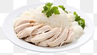 PNG Steamed rice topped with chicken plate herbs food.