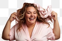 PNG Chubby woman tying her hair with rubber band laughing portrait textile. AI generated Image by rawpixel.