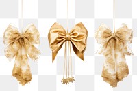 PNG Golden lace ribbon bows hanging white background celebration.