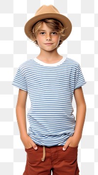 PNG White boy wear gap hat stip brown line t-shirt and blue short shorts white background happiness. AI generated Image by rawpixel.