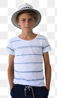 PNG White boy wear gap hat stip line t-shirt and blue short child happiness beachwear. AI generated Image by rawpixel.