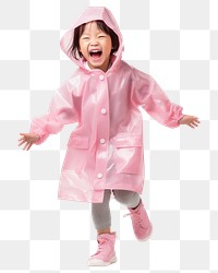 PNG  Kid in raincoat stomping baby pink white background.