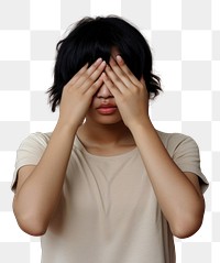 PNG  Woman facepalm covering pain disappointment.