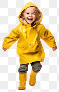 PNG  Kid in raincoat yellow white background protection.
