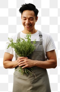 PNG  Man holding Thyme herbs gardening plant entrepreneur.