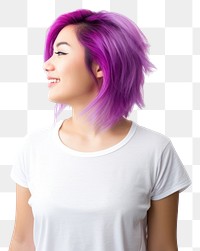 PNG Woman in white t-shirt purple adult hair.