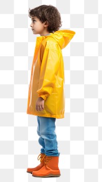 PNG  Kid in raincoat looking child white background.