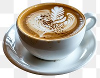 PNG An latte with latte art is shown on a white plate coffee drink cup. AI generated Image by rawpixel.