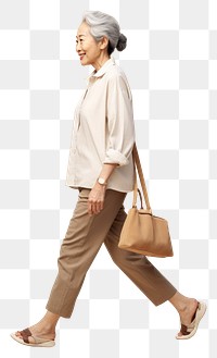 PNG  A Asian senior woman walking footwear handbag.