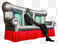 PNG  Surrealistic painting of Man sit sofa furniture chair adult.