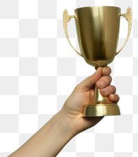 PNG  Gold trophy cup holding blue hand. AI generated Image by rawpixel.