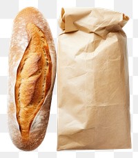 PNG  Bread packaging paper bag mockup baguette food white background.