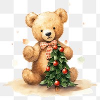 PNG Teddy bear holding a christmas tree cute toy representation.
