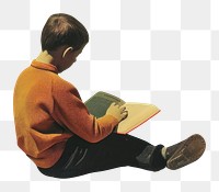 PNG Retro collage of a young boy sitting reading painting clothing.