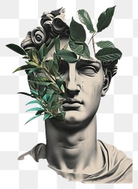 PNG A man with a statue head plant photo advertisement.