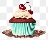 PNG Retro collage of a cupcake with a cherry dessert cream food.