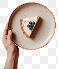 PNG A person holding piece of blueberry pie on plate cheesecake dessert food.