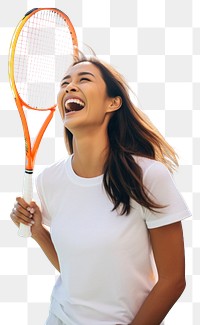 PNG Asian American woman wearing white t-shirt tennis sports racket.