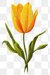 PNG Embroidery style yellow tulip white fabric leaves.