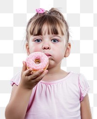 PNG  Little girl holding donut eating child food.