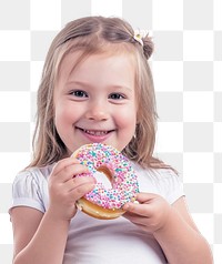 PNG  Little girl holding donut child food white background.