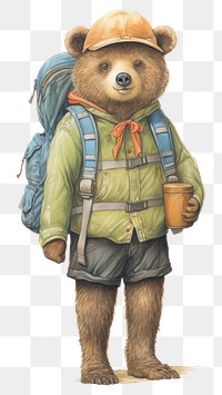 PNG Bear character camping backpack drawing sketch.