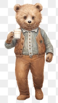 PNG Bear character holding coffee cup portrait drawing mammal.