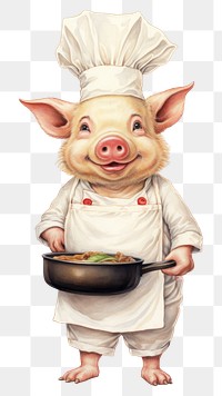 PNG Pig chef character holding fry pan portrait sketch photography.
