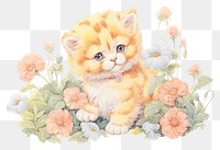 PNG Baby kitten in flower garden drawing animal mammal. AI generated Image by rawpixel.