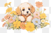 PNG Baby puppy in flower garden painting drawing animal. AI generated Image by rawpixel.