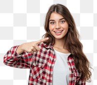 PNG  Woman over pointing to the side portrait blouse smile.