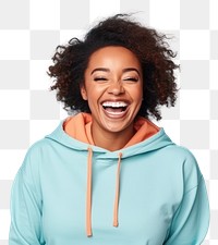 PNG  Chubby black woman sweatshirt laughing smiling.