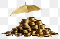 PNG  Umbrella covering stack of coins umbrella money gold. AI generated Image by rawpixel.