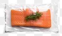 PNG  Plastic wrapping over a salmon fillet seafood white background vegetable.
