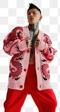 PNG  Pink dragon knit cardigan standing tattoo adult.