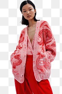 PNG  Pink dragon knit cardigan standing sweater red.
